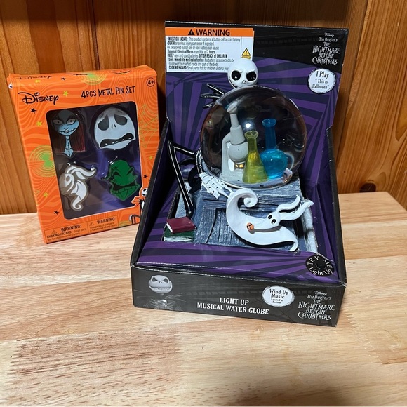 Nightmare before Christmas bundle Pin Set + Light Up Musical Water Globe - Picture 1 of 9